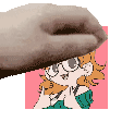 A cute picrew with curly orange hair and glasses being pet